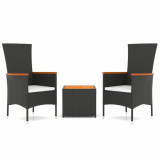 Set sezlonguri gradina, 3 piese, negru, poliratan&amp;lemn acacia