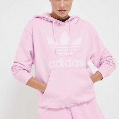 adidas Originals hanorac de bumbac femei, culoarea roz, cu glugă, cu imprimeu