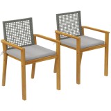 Outsunny Scaune de grădină set 2 buc. Lemn de acacia certificat FSC Stivuibile Scaune din lemn cu spătar din rattan Perne detașabile Cotiere | Aosom R