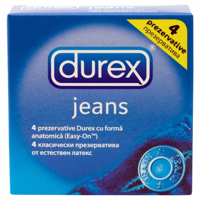 Prezervative DUREX Jeans 4 Buc, Prezervative din Latex, Prezervative Fara Aroma, Prezervative Transparente, Prezervative Lubrifiate, Prezervative DURE