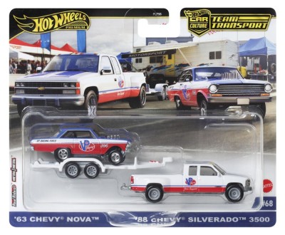 HOT WHEELS TRANSPORTATOR CHEVY SILVERADO 3500 88 CU MASINUTA CHEVY NOVA 63 SCARA 1:64 SuperHeroes ToysZone foto