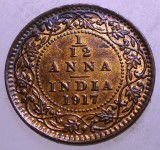 J.004 INDIA COLONIE BRITANICA GEORGE V 1/12 ANNA 1 PIE 1917 XF/AUNC