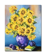 Tablou vaza cu floarea soarelui pictat manual, Din gradina bunicii, 50x40cm ulei pe panza, Constantin Feraru