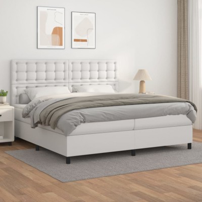 vidaXL Pat box spring cu saltea, alb, 200x200 cm, piele ecologică foto