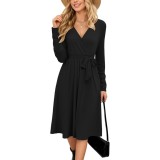 Rochie tricotată pentru femei, rochie de toamnă cu m&acirc;neci lungi și decolteu &icirc;n V, rochie de iarnă pentru femei, rochie casual &icirc;n formă de A cu buzunar