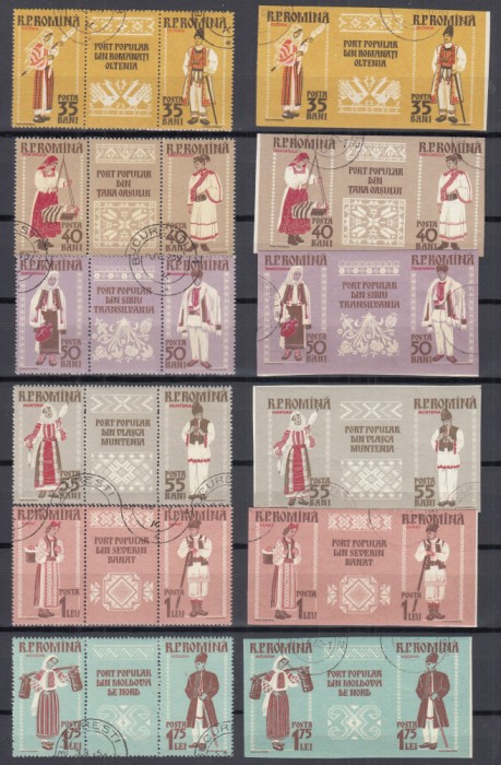 ROMANIA 1958 LP 462 a LP 462 d COSTUME NATIONALE TRIPTIC CU VINIETA DANTELAT+NEDANTELAT STAMPILAT