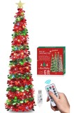 Copac de Crăciun HMASYO din tinsel pop-up de 6 picioare cu 100 de lumini colorate cu temporizator și telecomandă