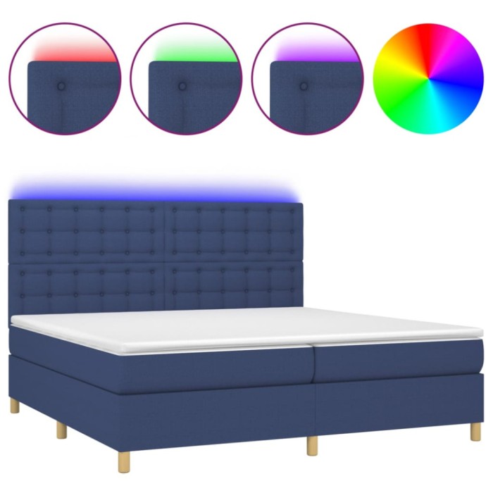 Pat cu arcuri, saltea si LED, albastru, 200x200 cm, textil