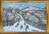 Mircea Popescu Tablou Arta Naivă Peisaj Bucovinean La Săniuș , pictura inramata 40x55 cm