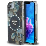 Husa iPhone 16e originala Guess IML Metal Glitter Flowers Triangle MagSafe, negru, GUHMPSE4HFLPEDK