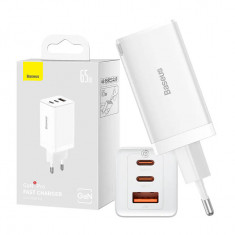 Incarcator retea Baseus GaN5 Pro Fast Charger 65W, 2 x USB Type-C 5V/3A, 1 x USB 5V/3A, cablu fast charging Type-C la Type-C 1m inclus, alb