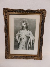 Tablou Isus Iisus Cristos icoana catolica, tip fotografie, in rama si sub sticla, 45x35cm, vintage