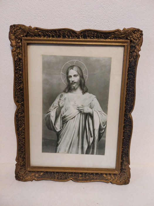 Tablou Isus Iisus Cristos icoana catolica, tip fotografie, in rama si sub sticla, 45x35cm, vintage