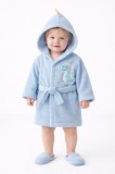 Halat de baie din bumbac pentru bebelusi cu gluga si aplicatie dinozaur si