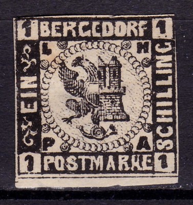 ✅ (S45) Germania veche - Bergedorf 1861 &amp;quot; Stema &amp;quot; 1S , Michel nr.2 , neautentificat, pare a fi reimpresiune Moens 1888 , mint negumat foto