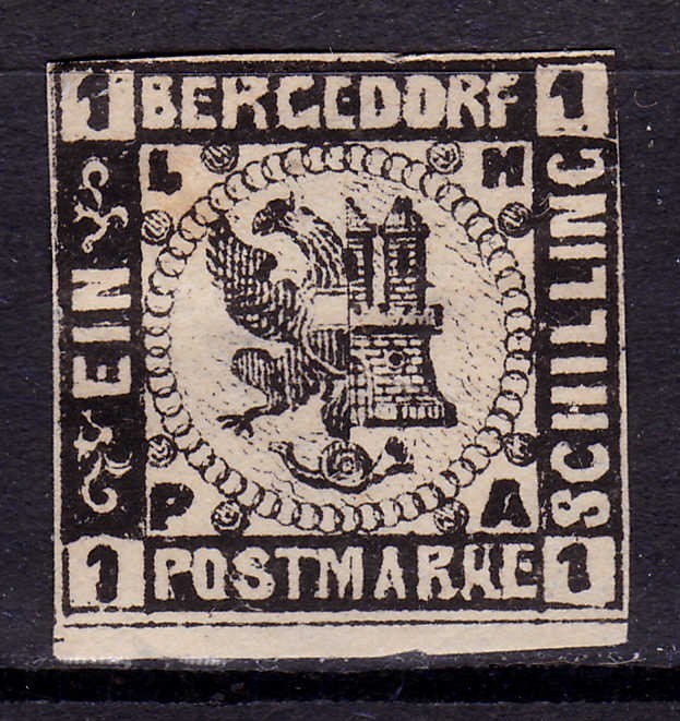 ✅ (S45) Germania veche - Bergedorf 1861 " Stema " 1S , Michel nr.2 , neautentificat, pare a fi reimpresiune Moens 1888 , mint negumat