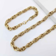 Lant si Bratara Barbati Din Inox Auriu, Model Roti Duble Rasucite, Lantisor