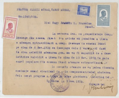 Romania, Pretura plasii Mures, Aviz, Targu Mures, 1932 foto