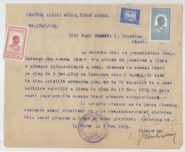 Romania, Pretura plasii Mures, Aviz, Targu Mures, 1932