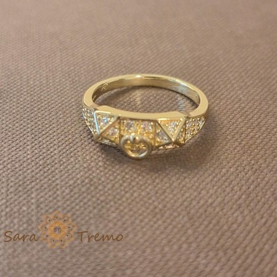 Inel geometric cu zirconia si decor charm - placat 14k foto