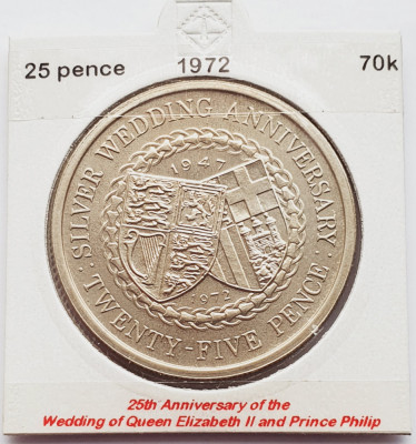 1872 Insula Man 25 pence 1972 Elizabeth II (Royal Wedding Anniversary) km 25 foto