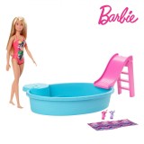 Set Piscină Barbie Mattel, Multicolor, Include Tobogan și Accesorii