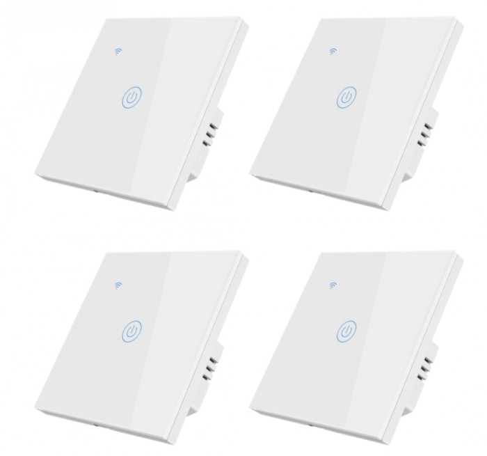 Set 4 Intrerupatoare inteligente simple cu touch Brius&trade;, Wi-Fi, nul, sticla securizata, LED noapte/zi, Tuya, Life Smart, compatibil Amazon Alexa/Googl