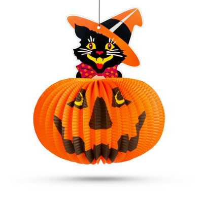 Lampion Dovleac de Halloween - cu Pisica - suspendabil - 26 cm foto