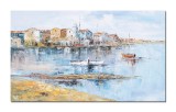 Tablou peisaj cu veliere in port pictat manual, 100x60cm ulei pe panza in cutit efect 3D, Valentin Pop