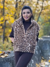 Vesta dama bej animal print cu gluga