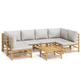 Set mobilier de gradina cu perne gri deschis, 7 piese, bambus