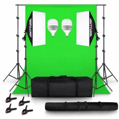 Set studio iluminare cu 2 softbox, 2 becuri LED 6400K E27, green screen, clame pentru panza, geanta transport