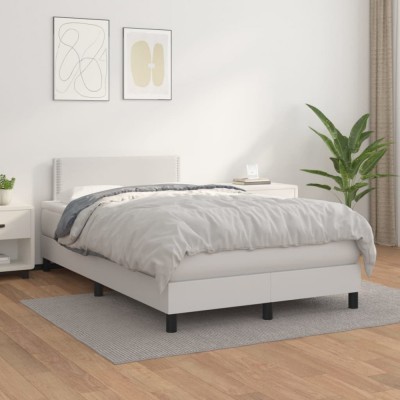 vidaXL Pat box spring cu saltea, alb, 120x200 cm, piele ecologică 3141054 foto