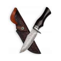 Cutit de vanatoare, DEPOX&reg;, Fixed Blade, Husa Piele, Otel Damasc, Negru