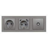 Priza modulara Leziter Nova 3 functii (impamantare, USB-A/C, TV) cu priza combinata si cadru gri