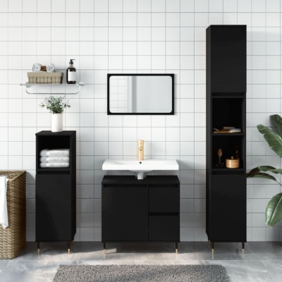 Set mobilier de baie, 3 piese, negru, lemn compozit foto