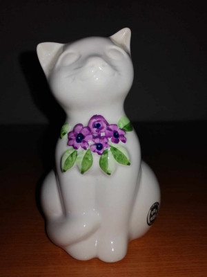 Figurina Pisica ceramica stilizata cu flori mov Rosa Ljung Deco Keramik foto