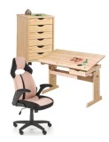 Set birou ergonomic HM Julia inaltime reglabila, unghi inclinare ajustabil, cu scaun HM Bloom roz/negru, stofa/mesh, 100 kg si dulapior rulant HM Nils