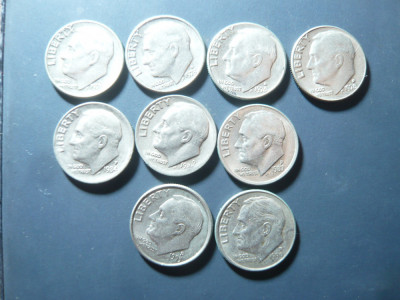 9 Monede 1 Dime (10 centi) SUA Cu-Ni , cal.AUNC 1970 D ,73D ,76D 78 D ,84 P ,85D foto