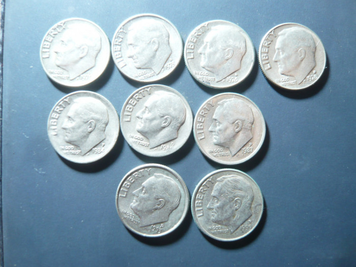 9 Monede 1 Dime (10 centi) SUA Cu-Ni , cal.AUNC 1970 D ,73D ,76D 78 D ,84 P ,85D