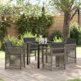 Set de dining pentru grădină, 5 piese cu perne gri, rattan, poliester.