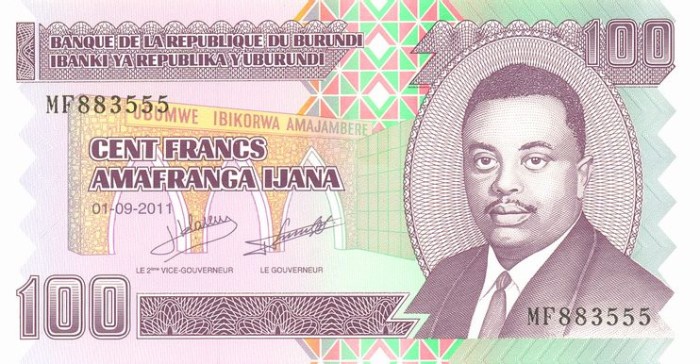 BURUNDI █ bancnota █ 100 Francs █ 2011 █ P-44b █ UNC █ necirculata