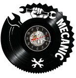 Ceas de perete decorativ realizat din disc de vinil, Model Atelier Mecanic cu Chei Fixe si Pumn, Text MECANIC, Negru, 30 cm