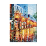 Tablou pictat manual, Peisaj citadin, bulevard cu felinare, 70x50cm ulei pe panza in cutit efect 3D, Spectaculos