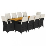 Cumpara ieftin Set bistro de gradina, 11 piese, cu perne, negru, poliratan