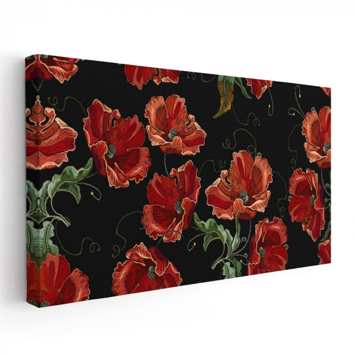 Tablou ilustratie flori maci, fundal negru, rosu 2139 Tablou canvas pe panza CU RAMA 30x60 cm