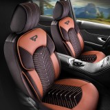 Cumpara ieftin Set Huse Scaune Auto Panda Dubai, material textil cu piele ecologica, cu fermoare pentru bancheta rabatabila, negru maro, 11 piese
