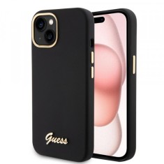 Husa pentru Apple iPhone 15, Guess, Script Metal Logo &amp; Frame, Neagra