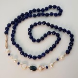 Cumpara ieftin Colier Charleston agat albastru safir, perle cultura, argint 925 placat aur roz, 120cm, Made in Italy