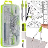 Set geometric, rigla, compas, echer, raportor, 10 piese, carcasa 18.5x2.5x10 cm, PVC, ABS